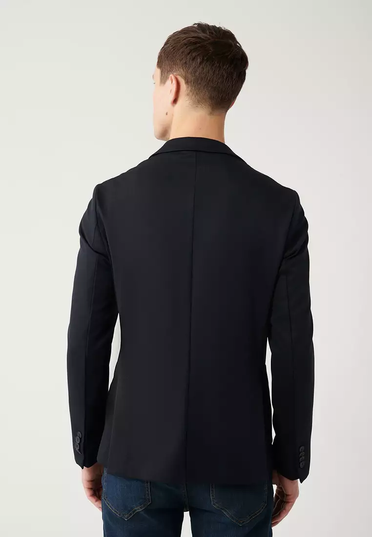 Men's Navy Blue Mono Collar Double Slit Unlined Knitted Jacket B004001