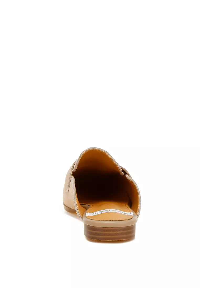 沙色水鑽帶絨面革穆勒鞋