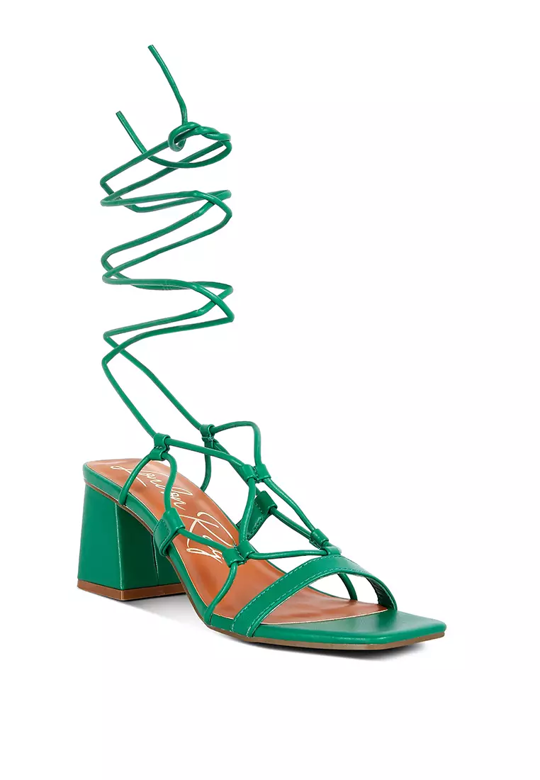 Green Lace Up Block Heeled Sandal