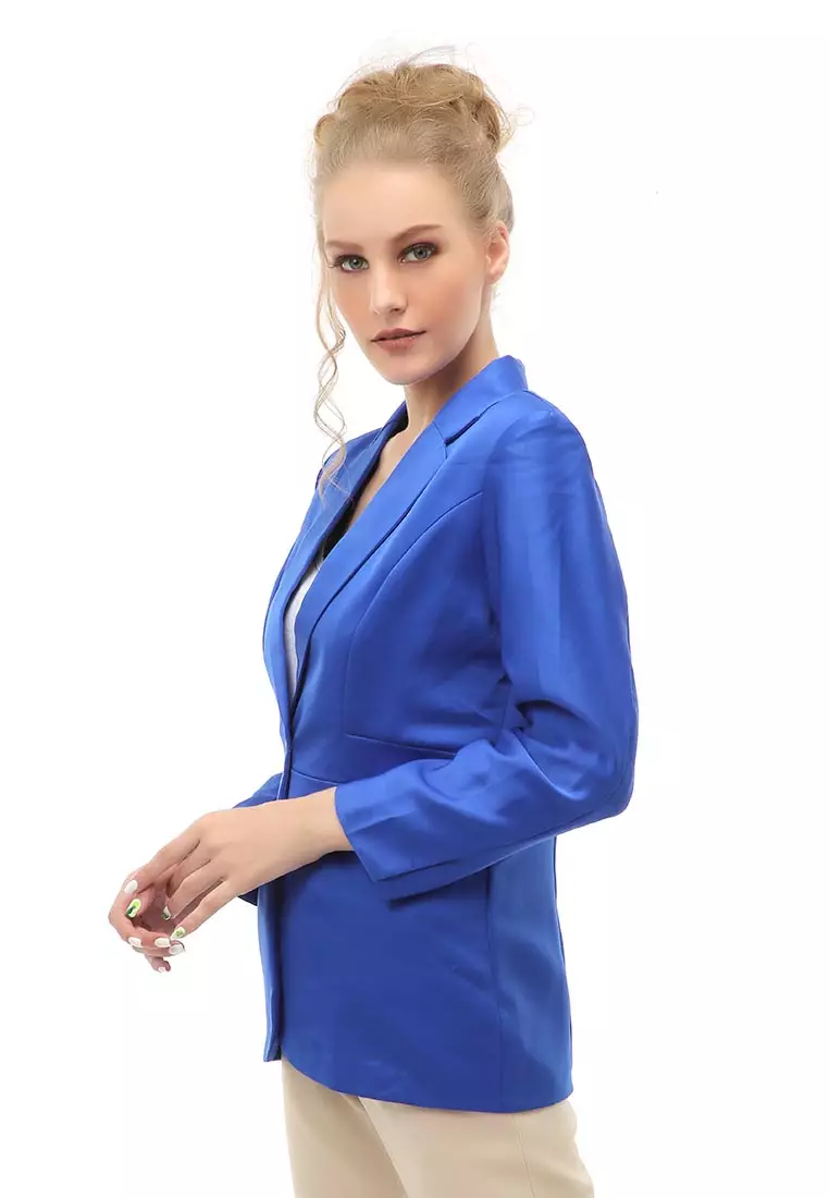 Qemsya Outer Blazer Kasual Formal Wanita Lengan Panjang Material Wool Twist ORIGINAL - Blue