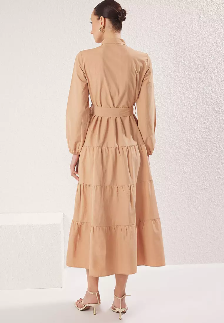 Beige Belted Judge Collar with Button Detail Woven Dress TCTSS21EL3343