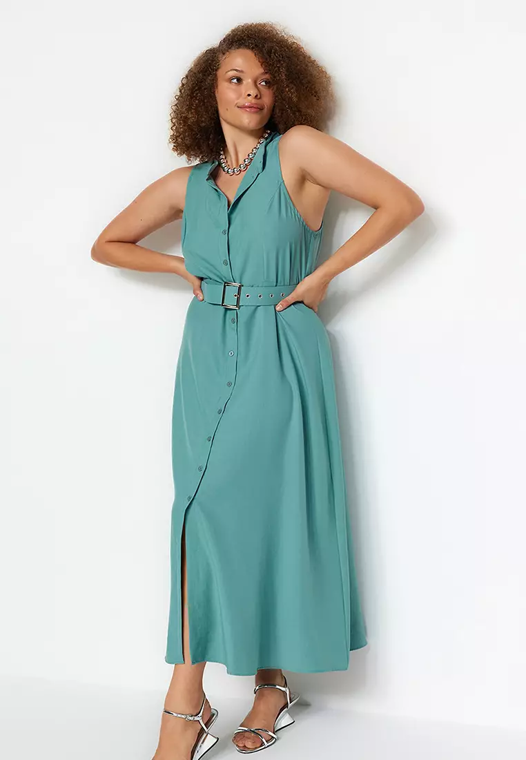 Plus Size Belted Midi Shirt Dress