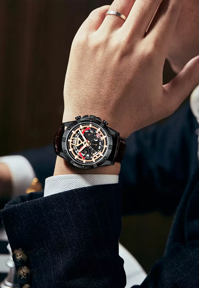 Jam Tangan Pria Original Kalender Sports Anti Air Tali Kulit Jam Tangan Cowok Brown black