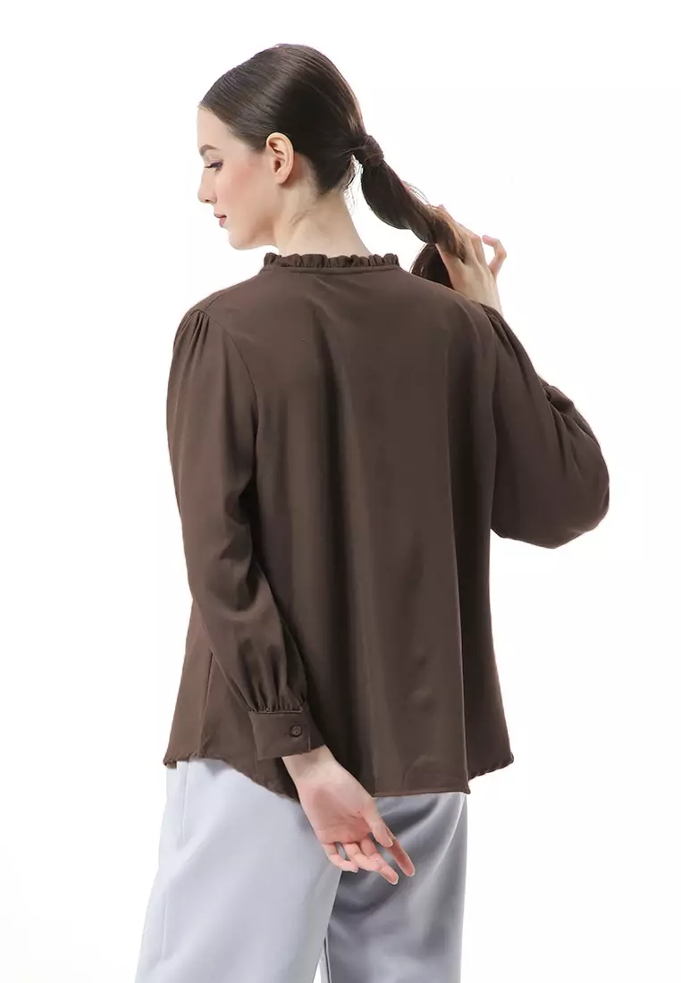 Vionka Kemeja Atasan Wanita Opnaisel Motif Polos - Brown