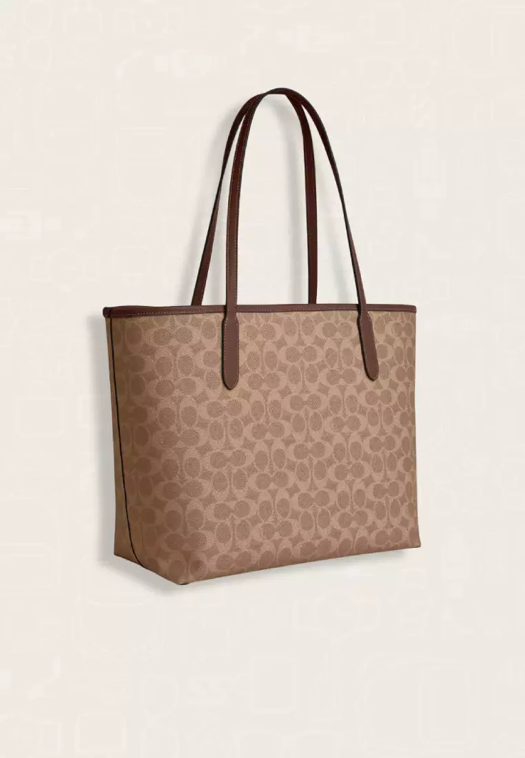 Coach City Tote Bag In Signature Canvas Tan Brown