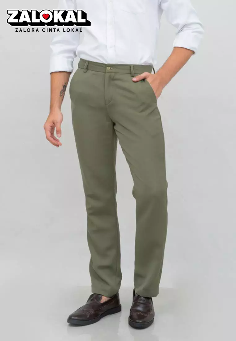 Celana panjang pria kerja formal bahan slim fit PINGGANG KARET Hijau houseofcuff