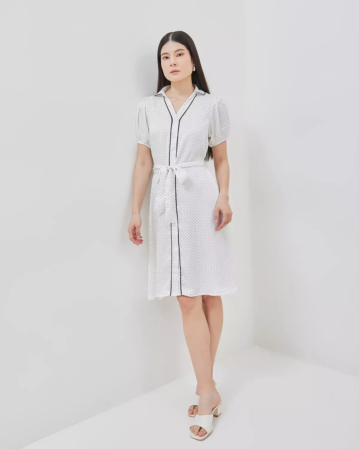 WOMEN'S WHITE POLKADOT MIDI DRESS