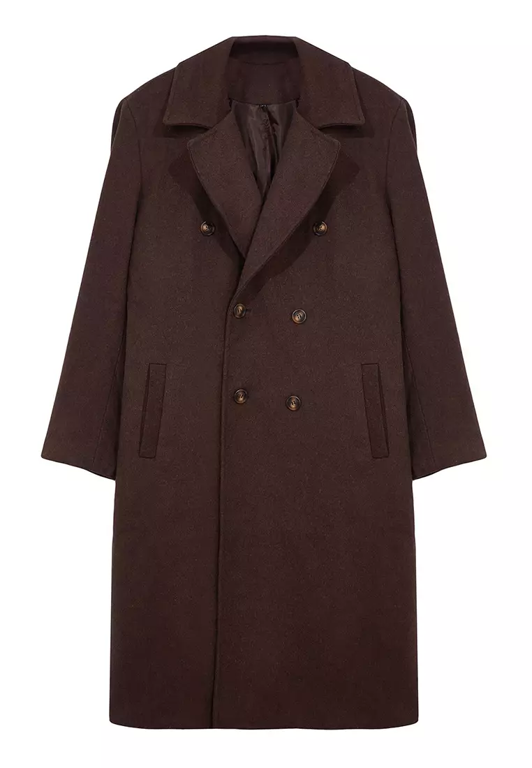 Brown Loose Fit Double Breasted Long Stitched Winter Coat TMNAW23KB00003