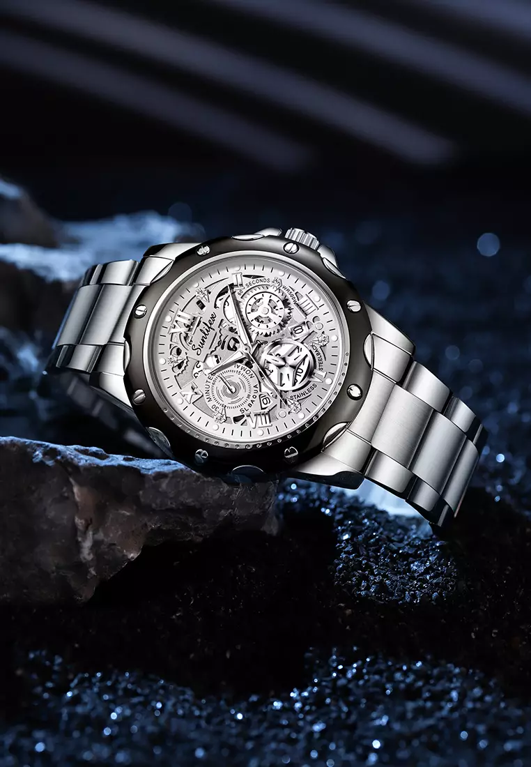 Jam Tangan Pria Kuarsa Luminous Tanggal Kasual Tali Stainless Steel Jam Tangan Cowok 8080 silverwhite