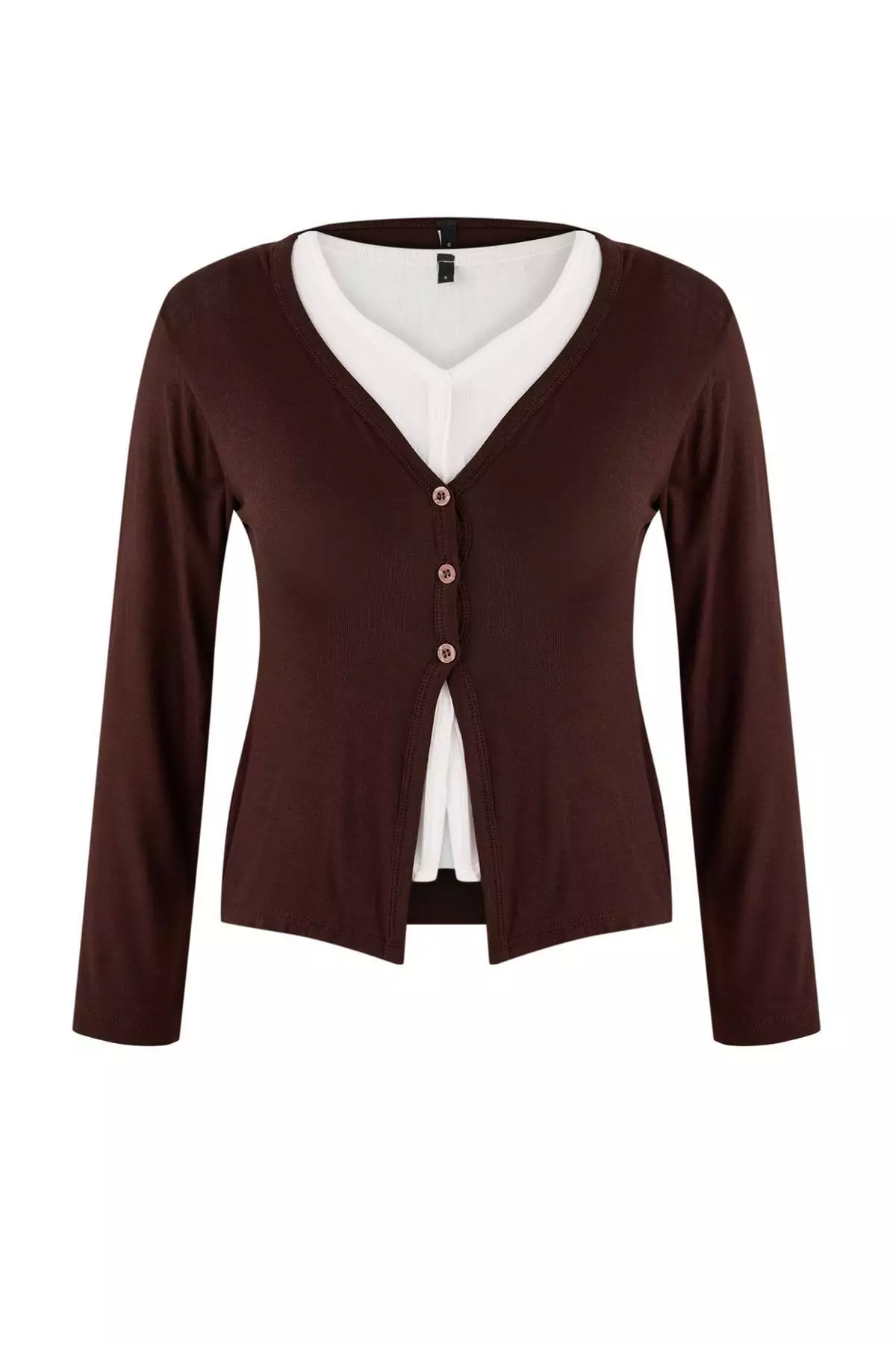 Brown 2-Piece Set Fitted/Slim Fit V-Neck Buttoned Soft Knitted Blouse Twoss26Bz173