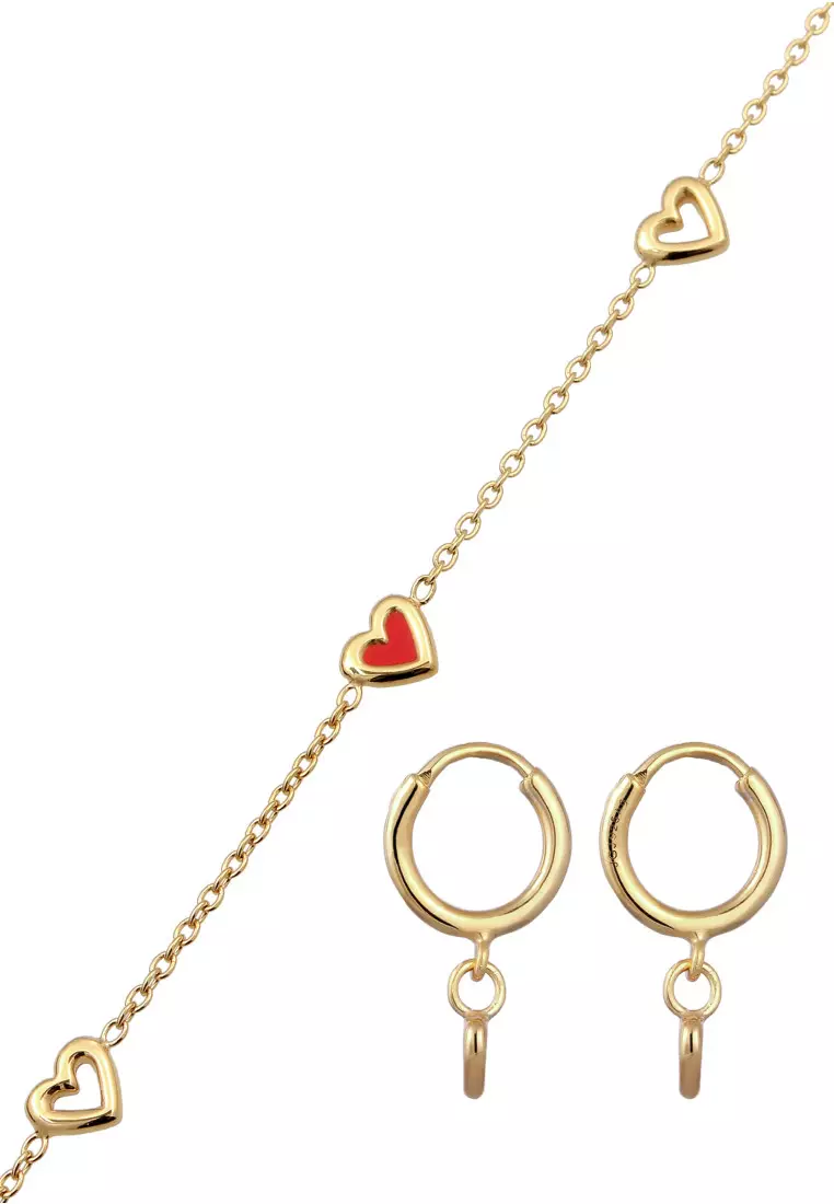 Set Perhiasan Perak 925 Wanita Heart Enamel Gold Pated