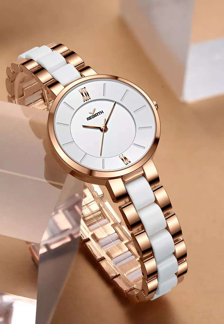 Jam Tangan Wanita Anti Air Original Korea Elegan Kuarsa Tali Keramik Jam Tangan Cewek rosewhite