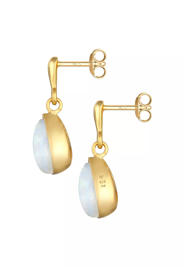 Anting Perhiasan Perak 925 Wanita Ear Hanger Drop Elegant Moonstone Gold Plated