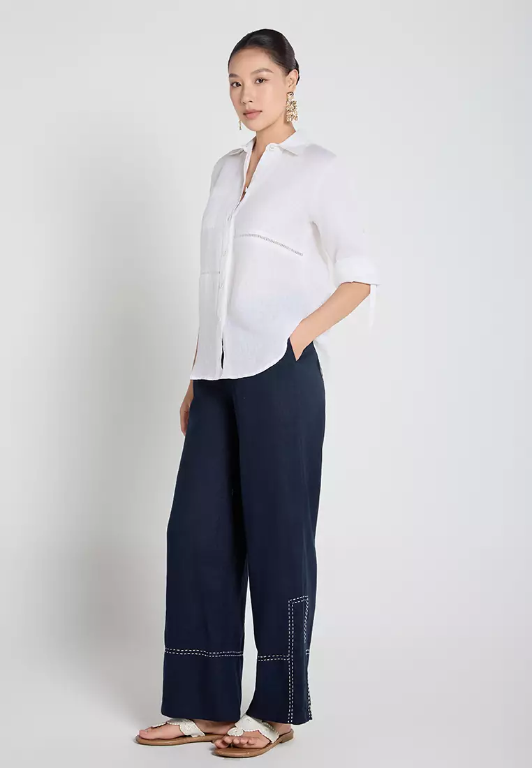 Linen Button-Up Shirt with Lace Accents