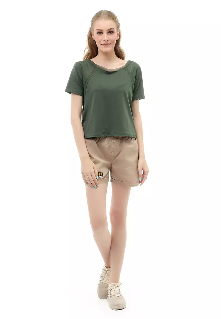 Wish Baju Olahraga Kaos Sport Wanita Short Sleeve Absorb Sweat Kombinasi Jaring Material Polyester ORIGINAL - Green Bottle