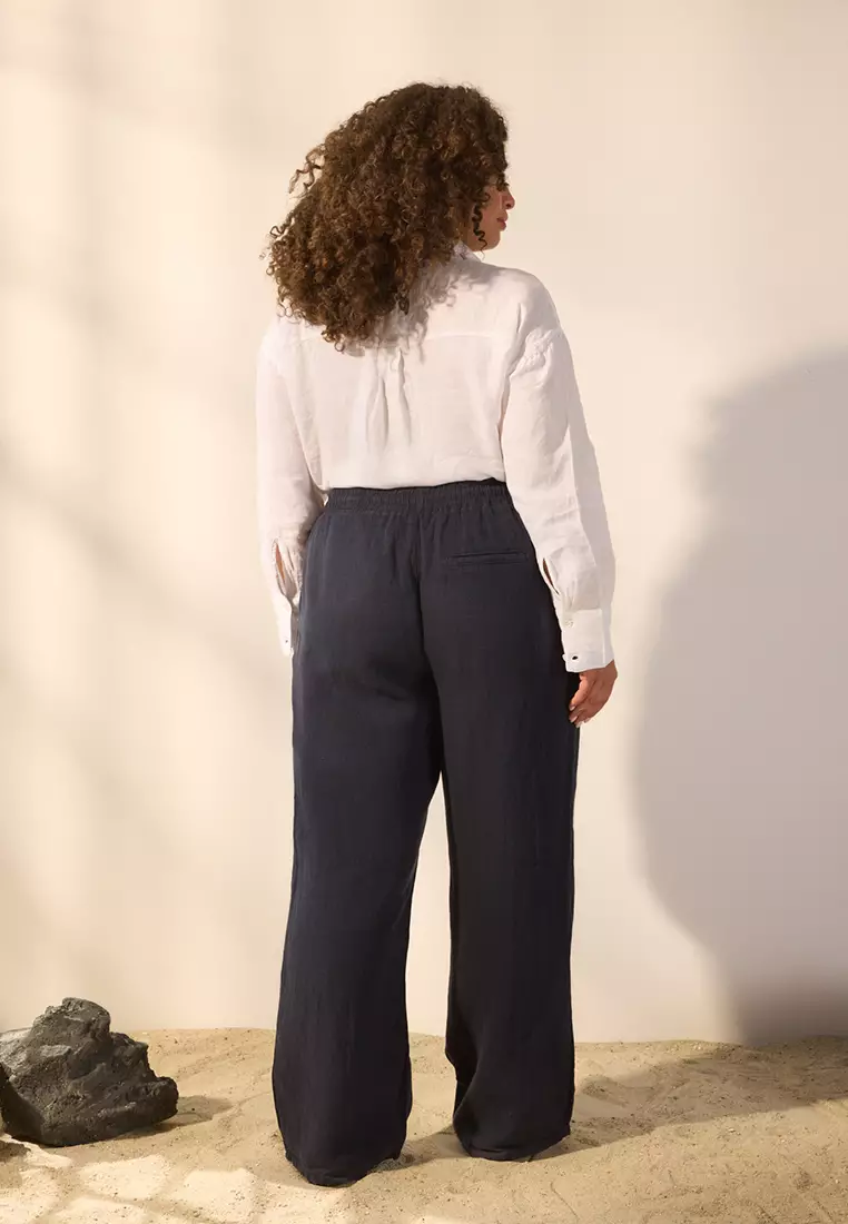 Navy Blue 100% Linen Woven Plus Size Wide Leg Trousers TBBSS25AR00043
