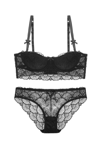 ZITIQUE black Women's Latest French Style Sexy Demi-cup Under-wired Push Up Thin Pad Lace-trimmed Lingerie Set (Bra And Underwear) - Black C5CC3US6232172GS_1