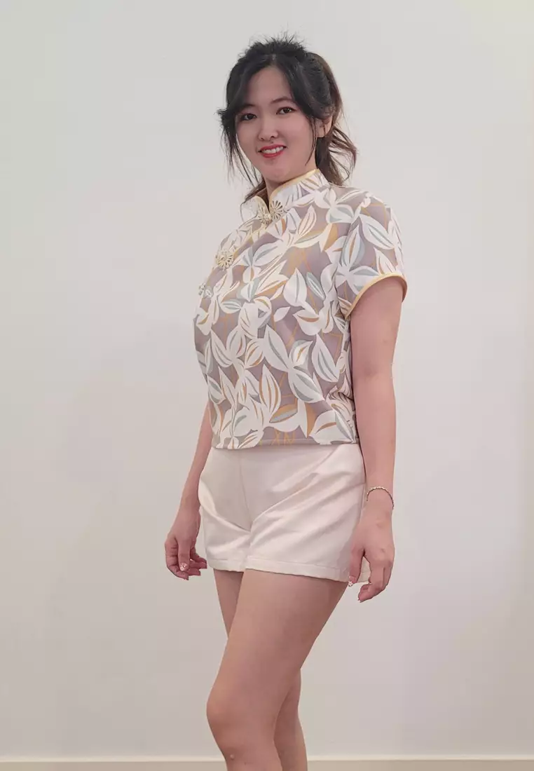 Ivory Cheongsam Cap Sleeves Top Brown White Flower Printed