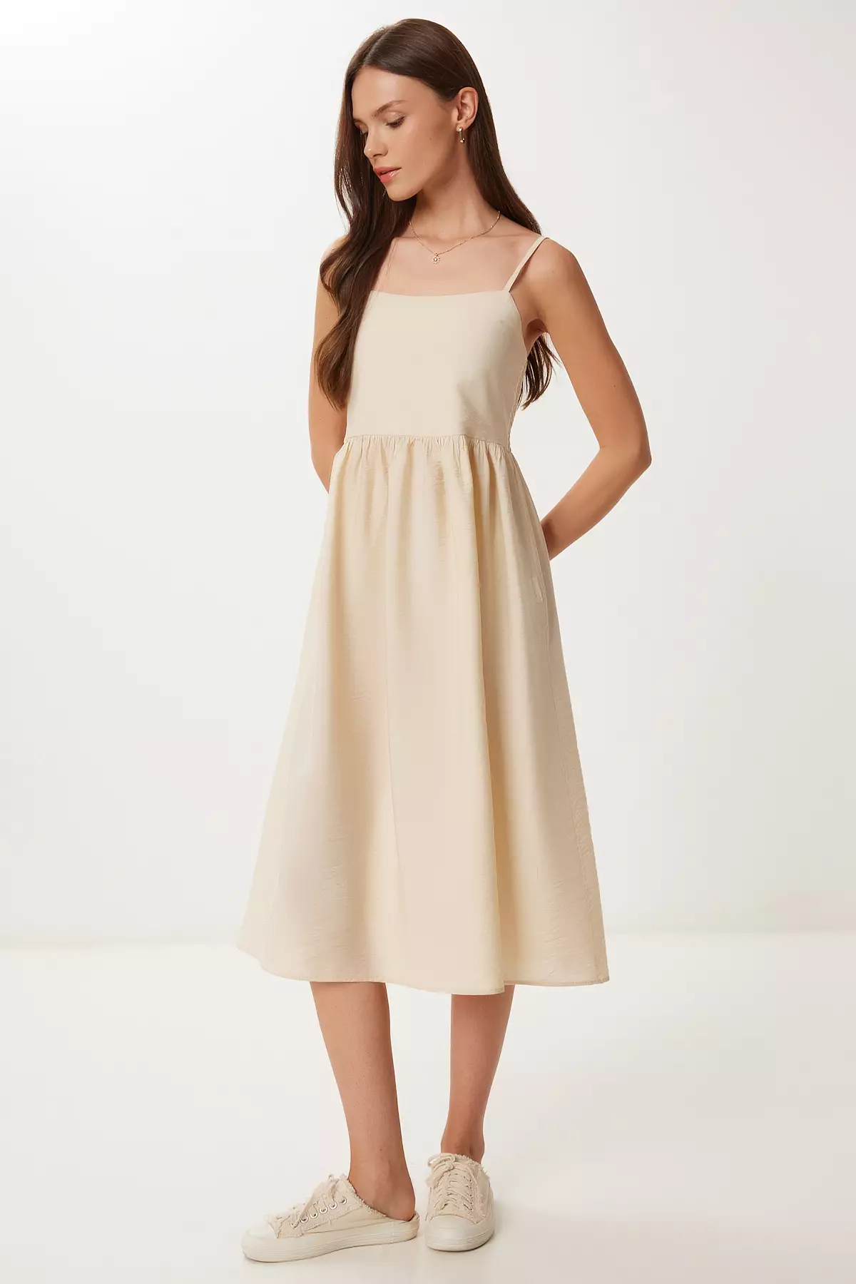 Women's Cream Strap Summer Midi Ayrobin Dress Dd01357