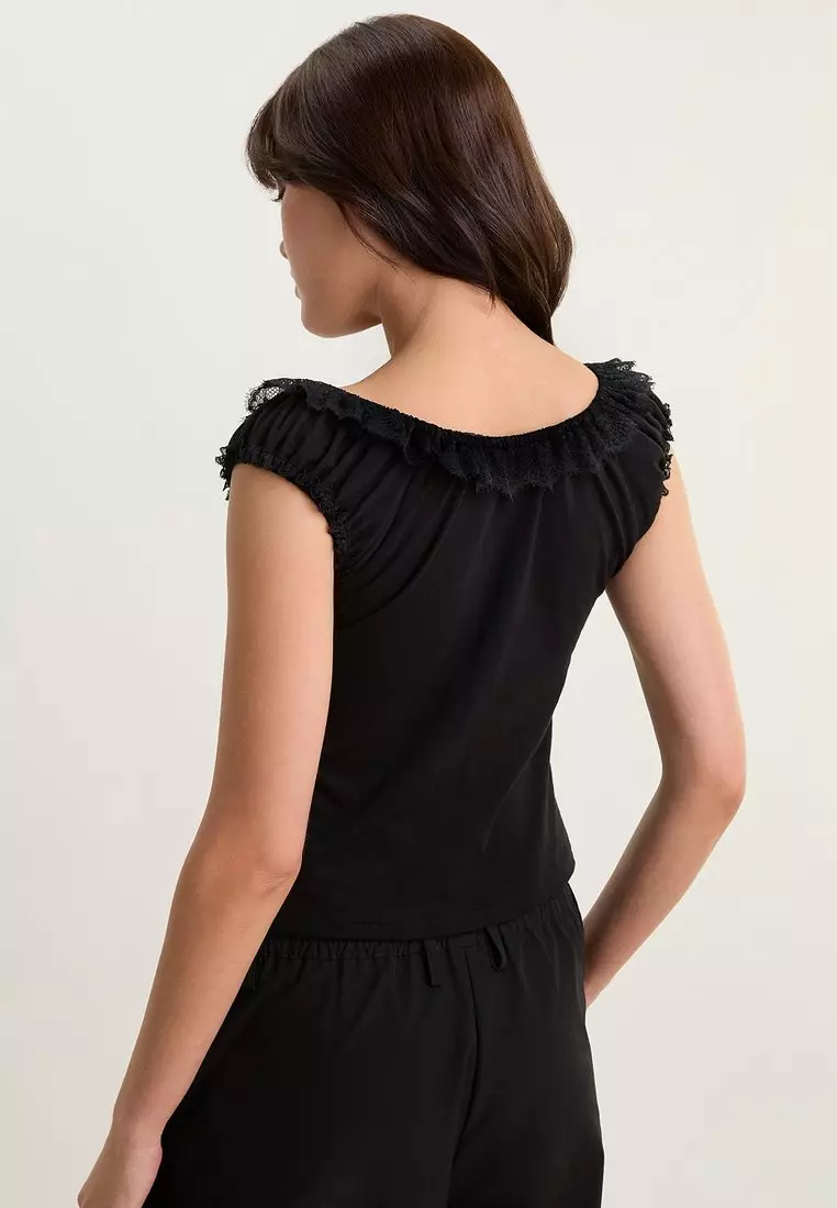 Ruffle Trim Wide Neck Top - Black