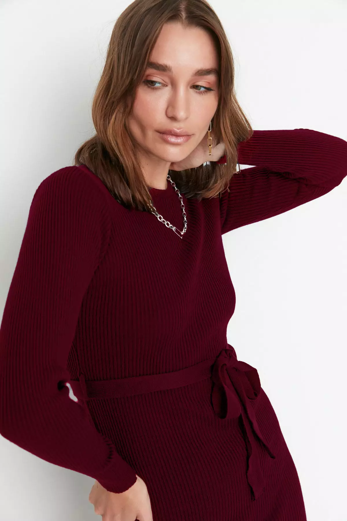Burgundy Midi Knitwear Belt Detailed Dress