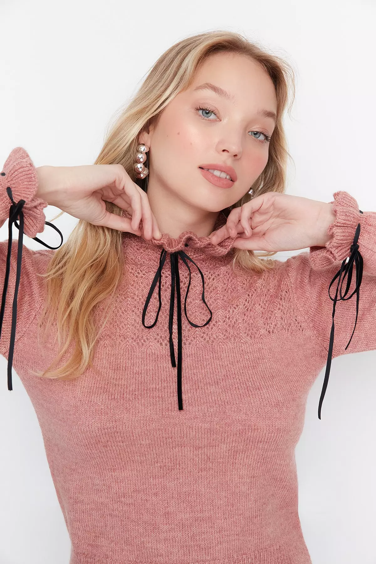 Soft Textured Dried Rose Knitwear Sweater - Openwork And Bow Detail Twoaw21Kz2355