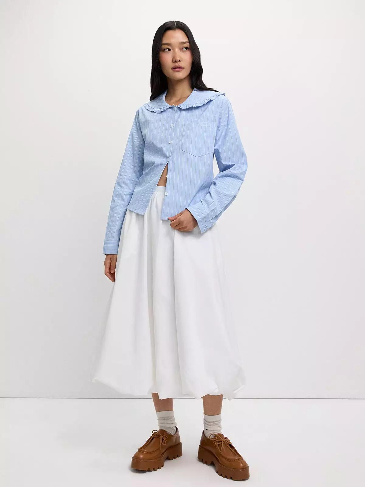 Peter Pan Collar Striped Shirt - Baby Blue