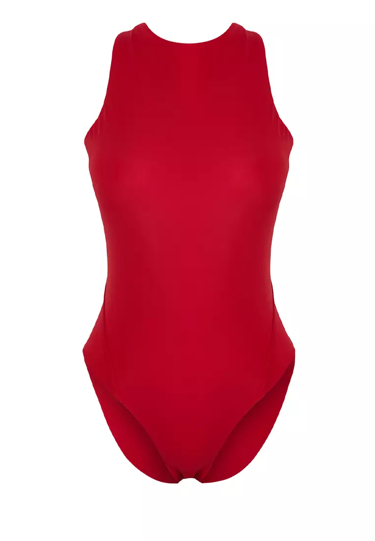 Red Halter Neck Backless Regular Swimsuit