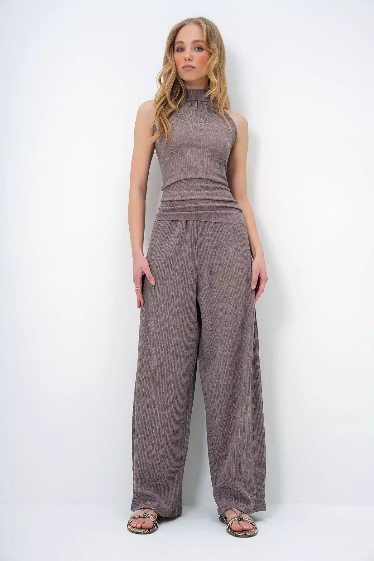 Women's Mink Textured Stand Collar Blouse and Trouser Set