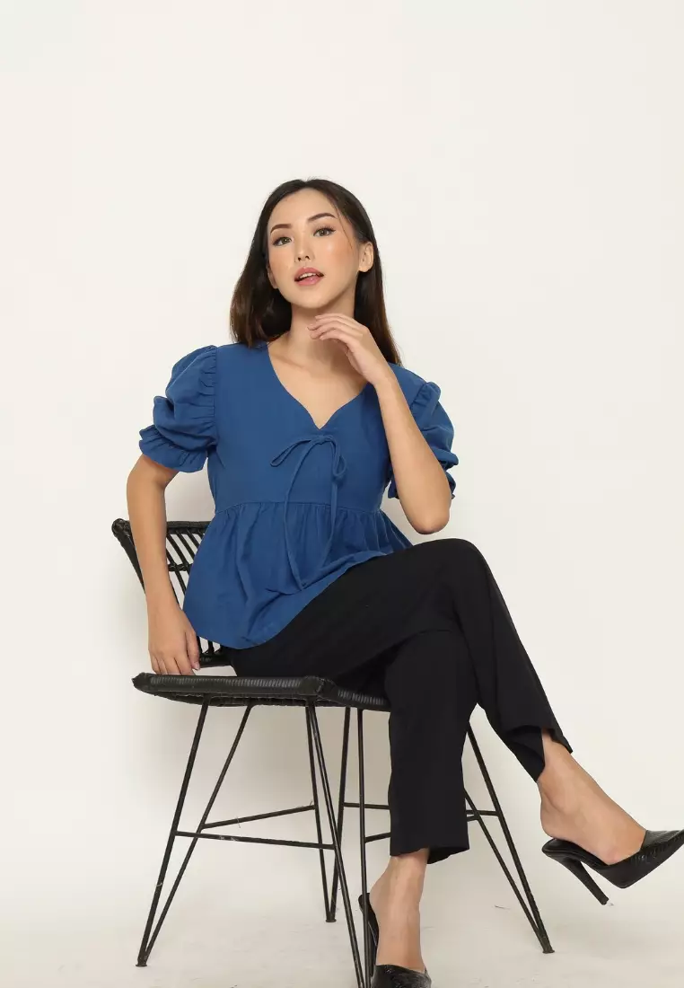 Urban Exchange Ziva Blue Blouse - Atasan Blouse Puff Sleeves Warna Blue