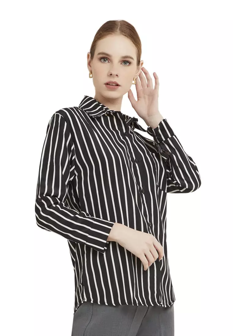 Kemeja Salur Dual Tone Color Baju Atasan Wanita Lengan Panjang Regular Fit - Black