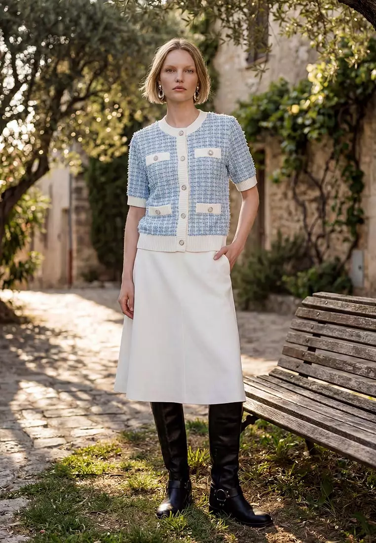 Short Sleeve Tweed Knit Cardigan