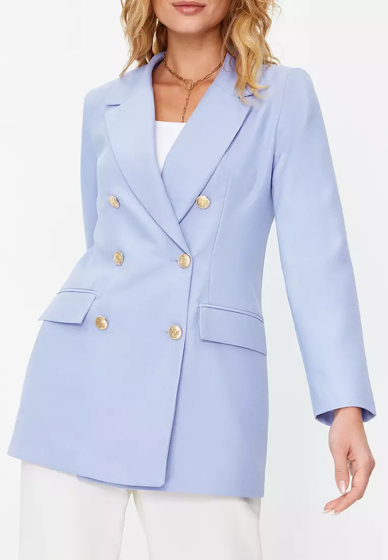 Light Blue Oversize Lined Double Breasted Closure Blazer Jacket