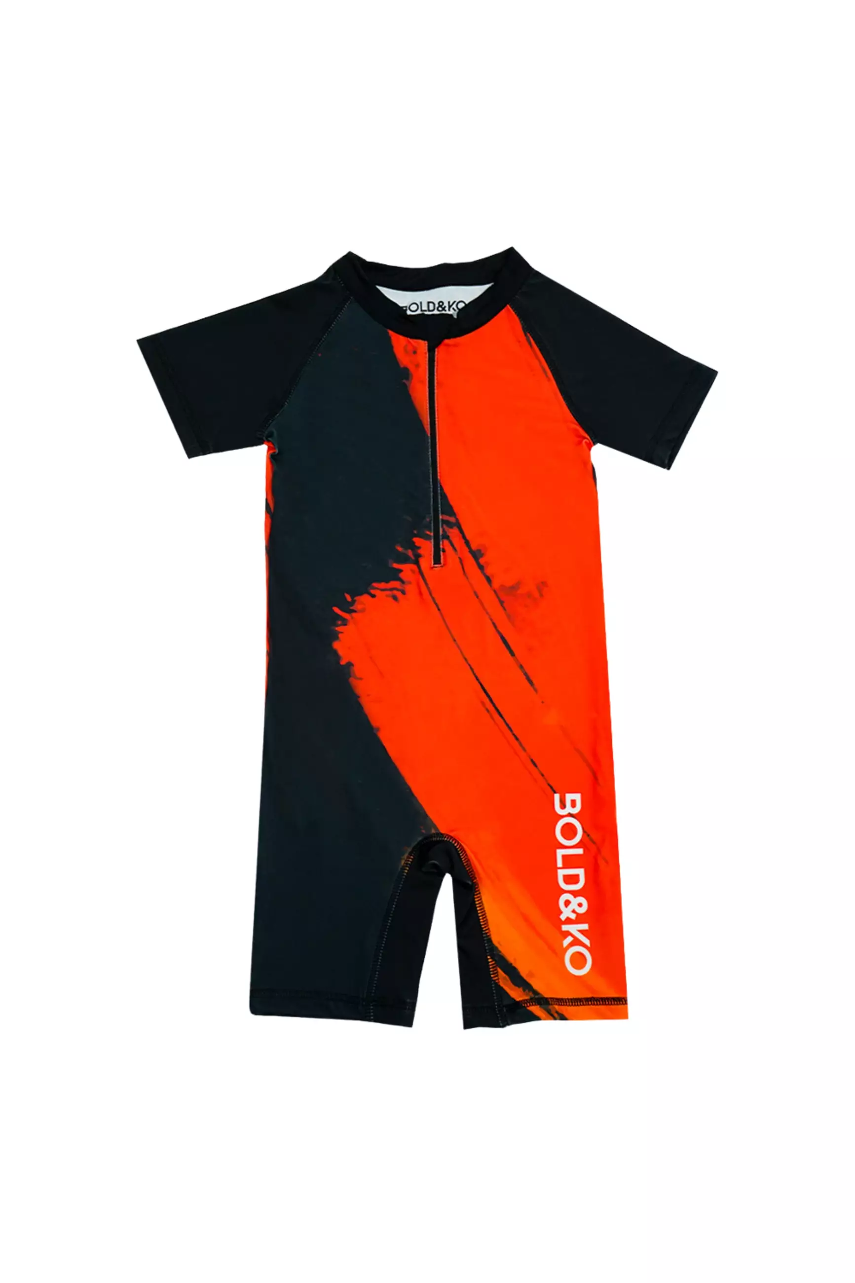 BOLD & KO Shortsleeve Rashguard Overall In Red Abstract Kids Swimsuit | Baju Renang Anak laki-laki