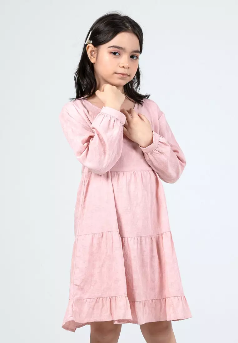 Forest Kids Girls Cotton Jacquard Long Sleeve Tiered Dress with Cotton Lining - FK885072-59LotusPink