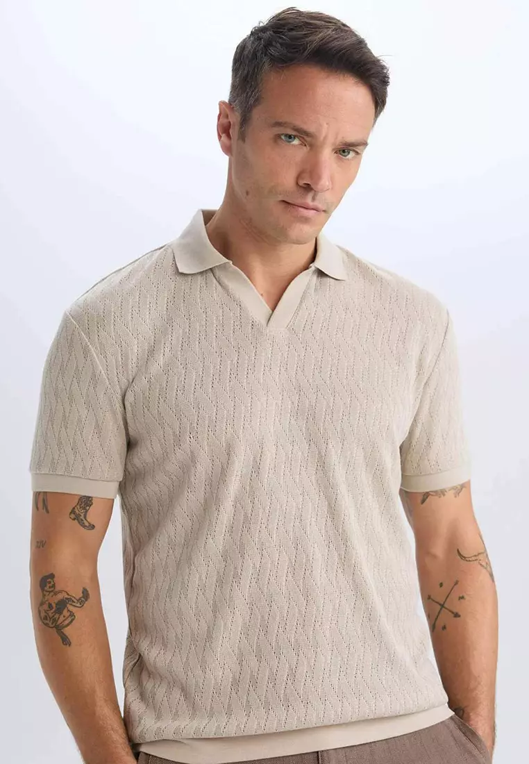 Regular Fit Polo Neck Short Sleeve Knit Look T-Shirt B6536Ax25Sp