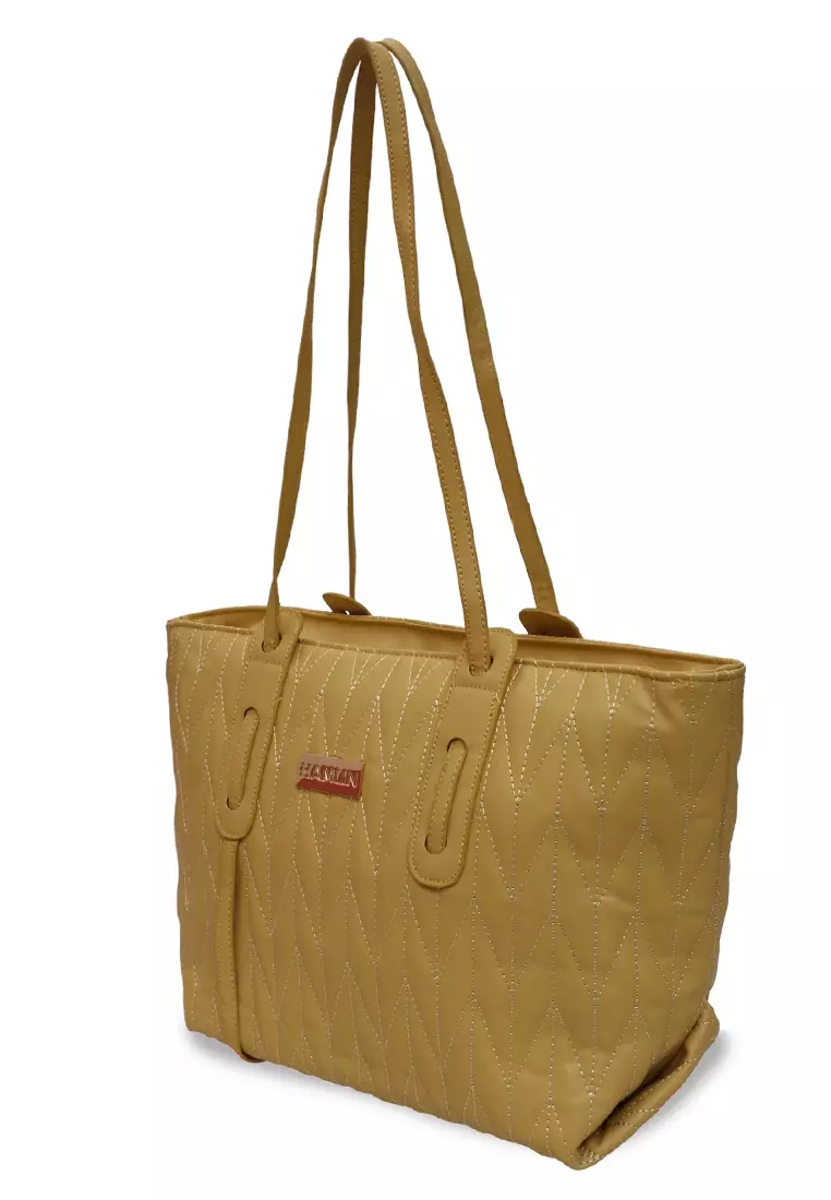 Laura Tas Kerja Wanita Tote Bag Motif Polos Large Compartment Material Leather ORIGINAL - Yellow