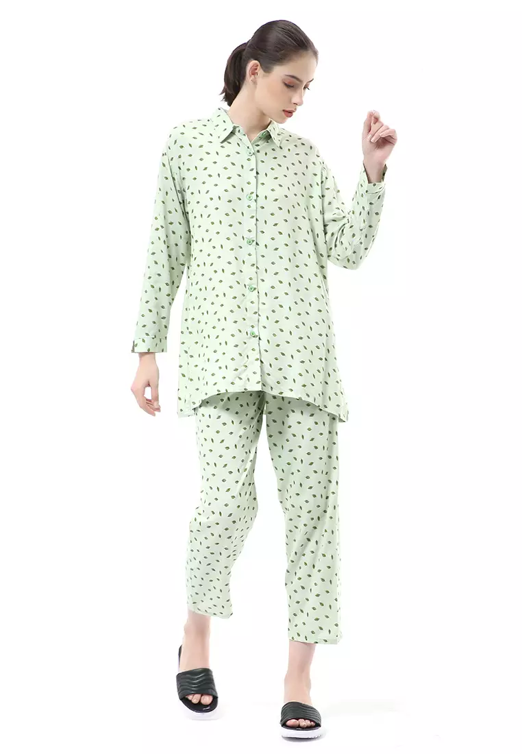 Nayra One Set Setelan Kemeja Wanita Lengan Panjang Motif Daun Full Kancing Material Rayon ORIGINAL - Green