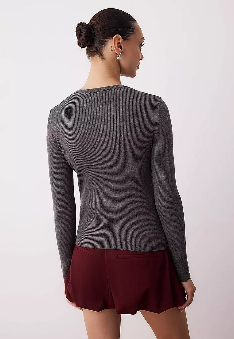 Dark Gray Mercerized-Look Collar Tie Detailed Fitted/Full-Size Knitwear Cardigan