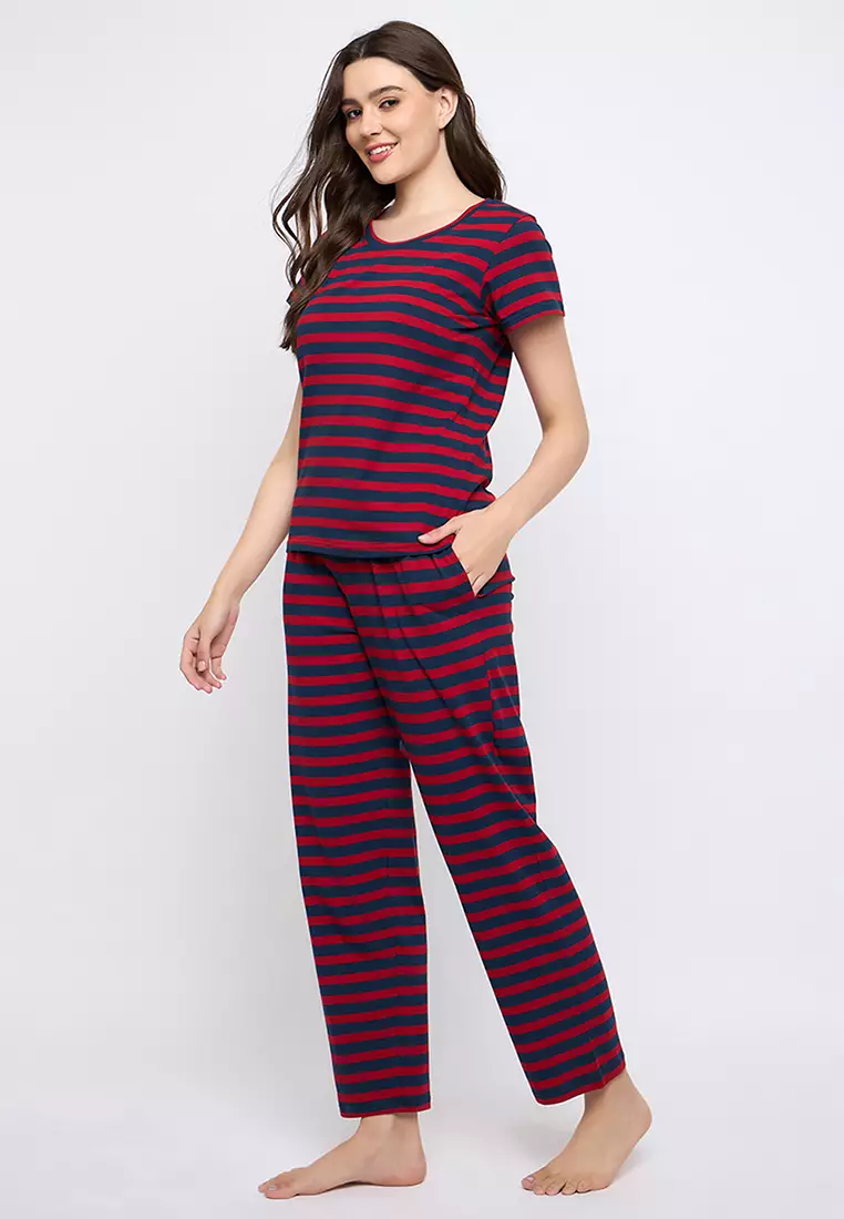 Clovia Striped T-shirt & Pyjama Set in Maroon & Navy Blue - 100% Cotton