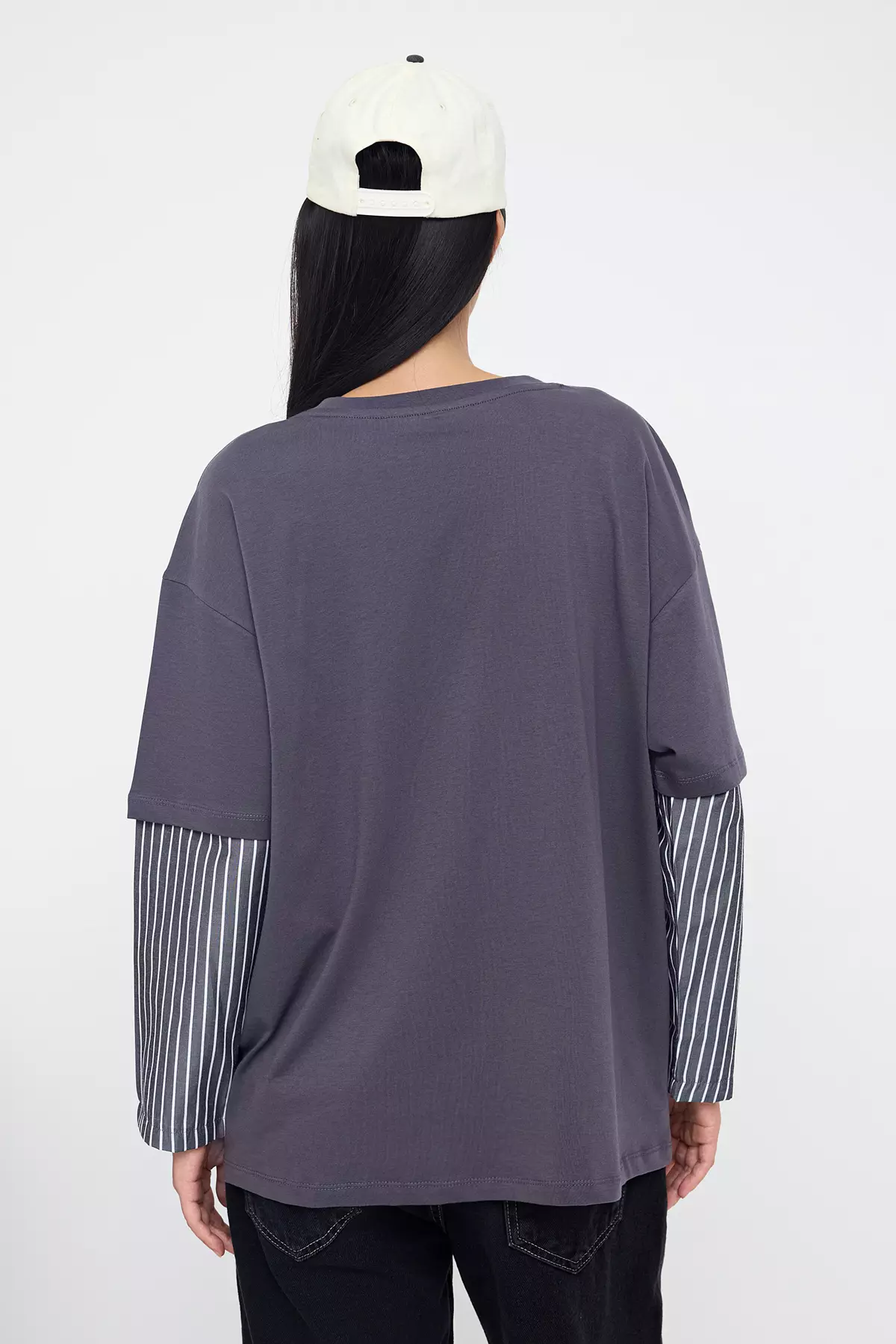 Teen Anthracite Woven Garni Detailed Oversize/Wide Pattern Long Sleeve Knitted T-Shirt Twoaw26Ts00003