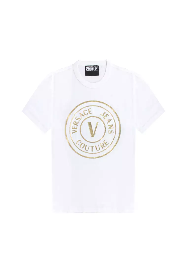 Versace Jeans Couture Fall/Winter 22 V-EMBLEM Series Metallic LOGO Men's Short Sleeve T-shirt 73GAHT05 CJ00T