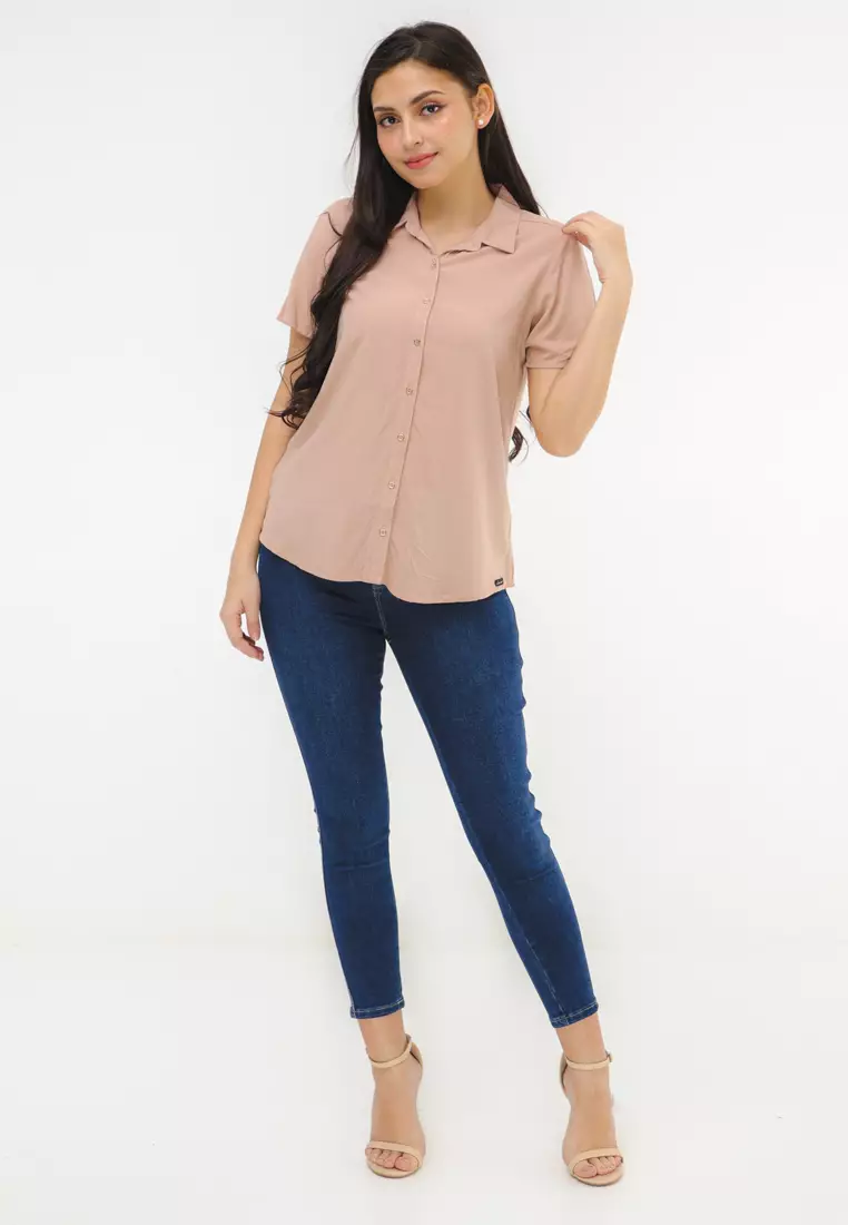 Woven Plain Rayon Short Sleeves Blouse
