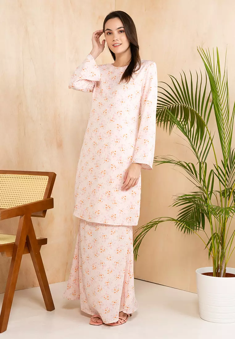 French Floral Pastel Pink Baju Kurung Moden