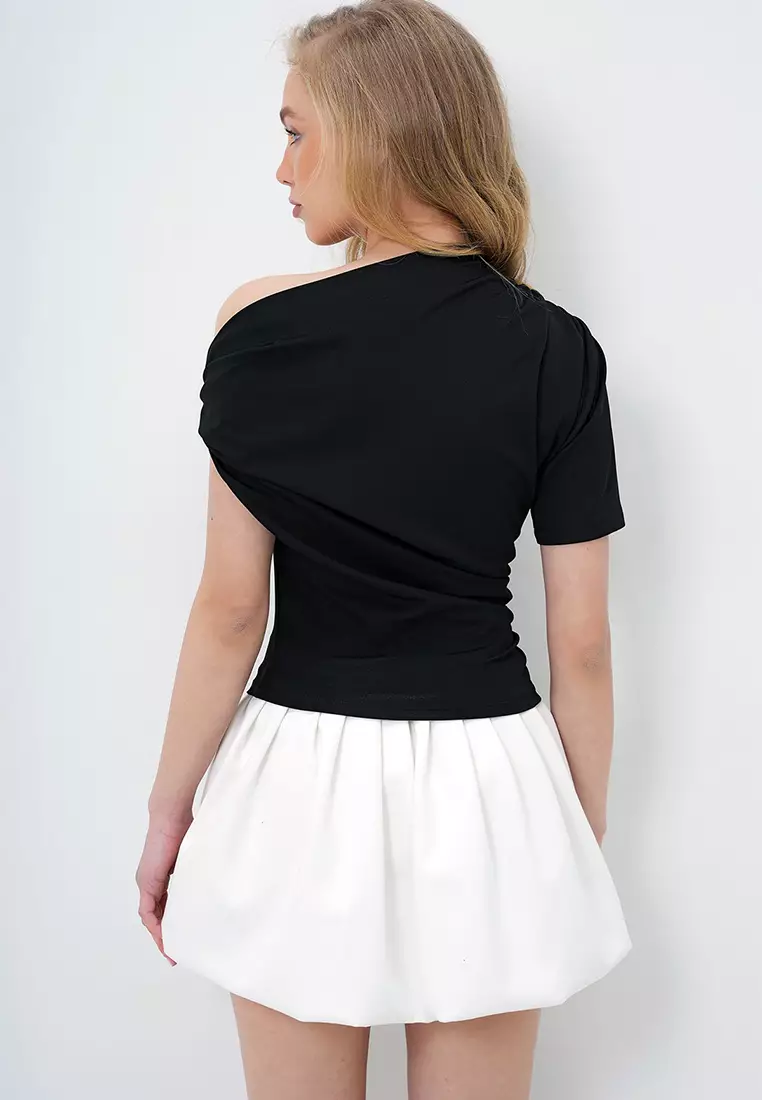 Women's Black Asymmetrical Collar Draped Shoulder Accessory Sandy Blouse Alc-X13894