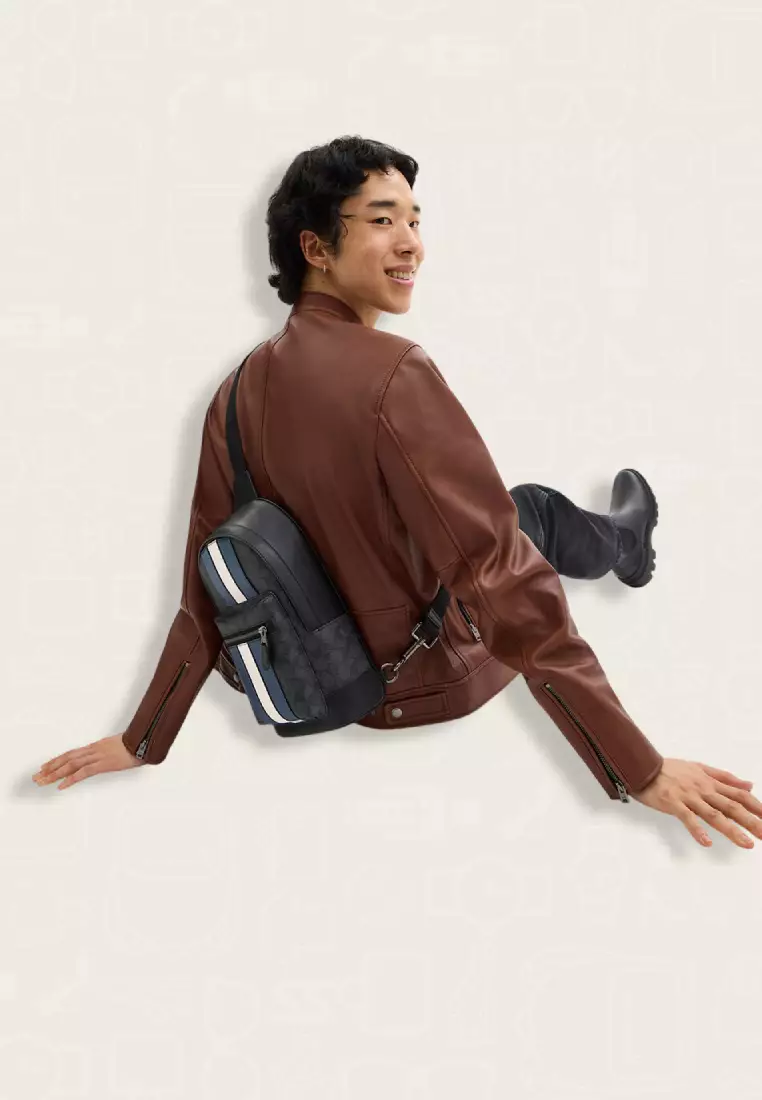 Coach West Pack In Signature Canvas With Varsity Stripe Charcoal Denim Chalk