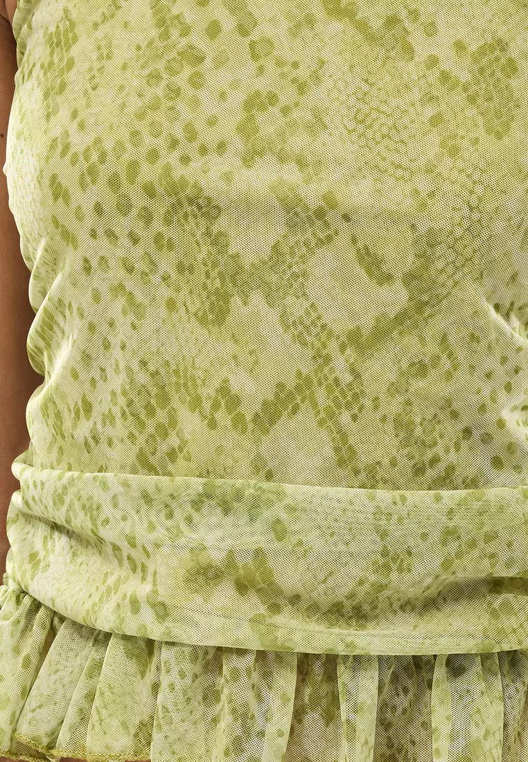Green-Multicolored Lined Ruffle Detail Tulle Knitted Blouse