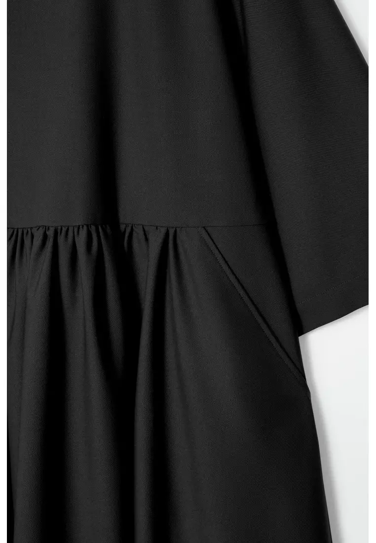 GATHERED WOOL-BLEND MIDI DRESS
