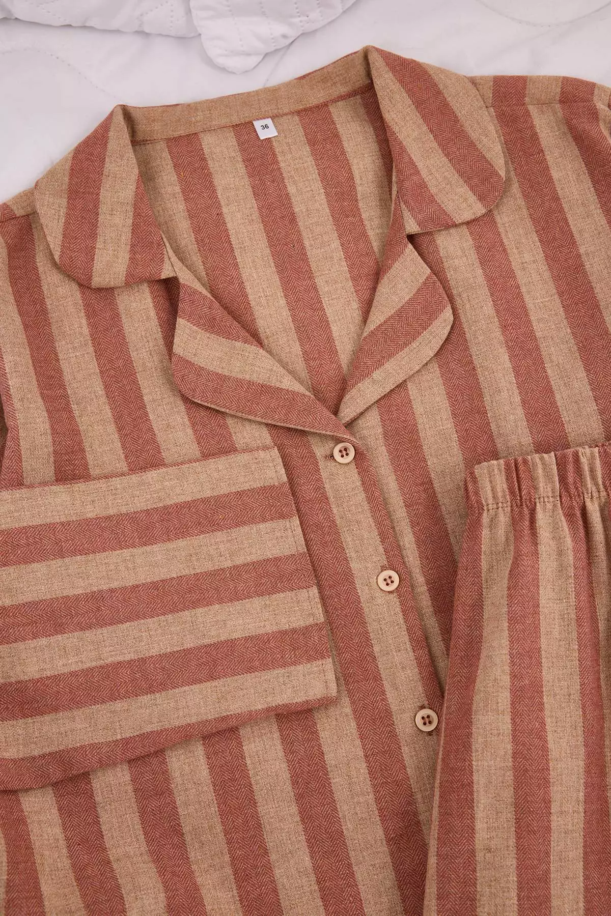 Rose Dried-Ecru Cotton Thick/Personalized Striped Flannel Woven Pajama Set Thmaw26Pt196