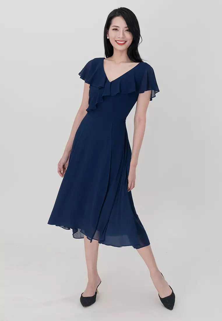 V-Neckline Chiffon Midi Dress